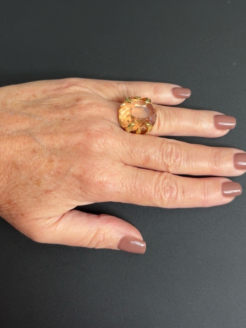 Gold-Tone Citrine Cocktail Statement Ring - Elegant Amber Gem
